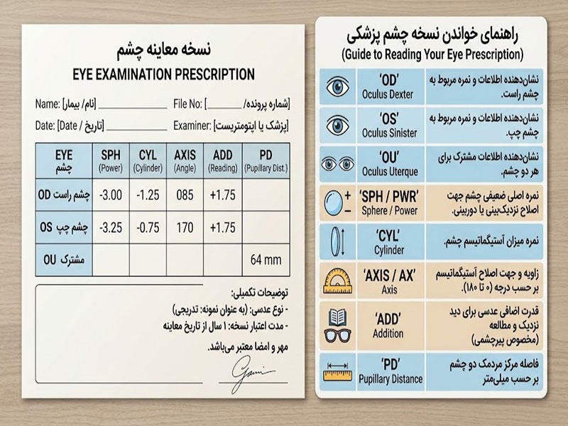 جدول اختصارات اصلی در نسخه چشم‌پزشکی